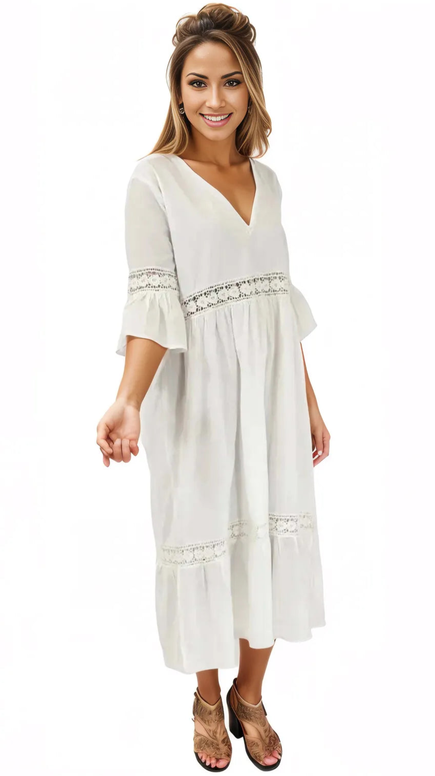 Lace detail Dress 100% Cotton White