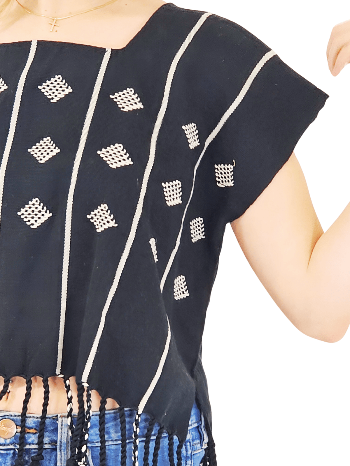 Authentic Handwoven Backstrap Loom Top with Brocade β Artisan - Made Blouse Black - Tenku Designs