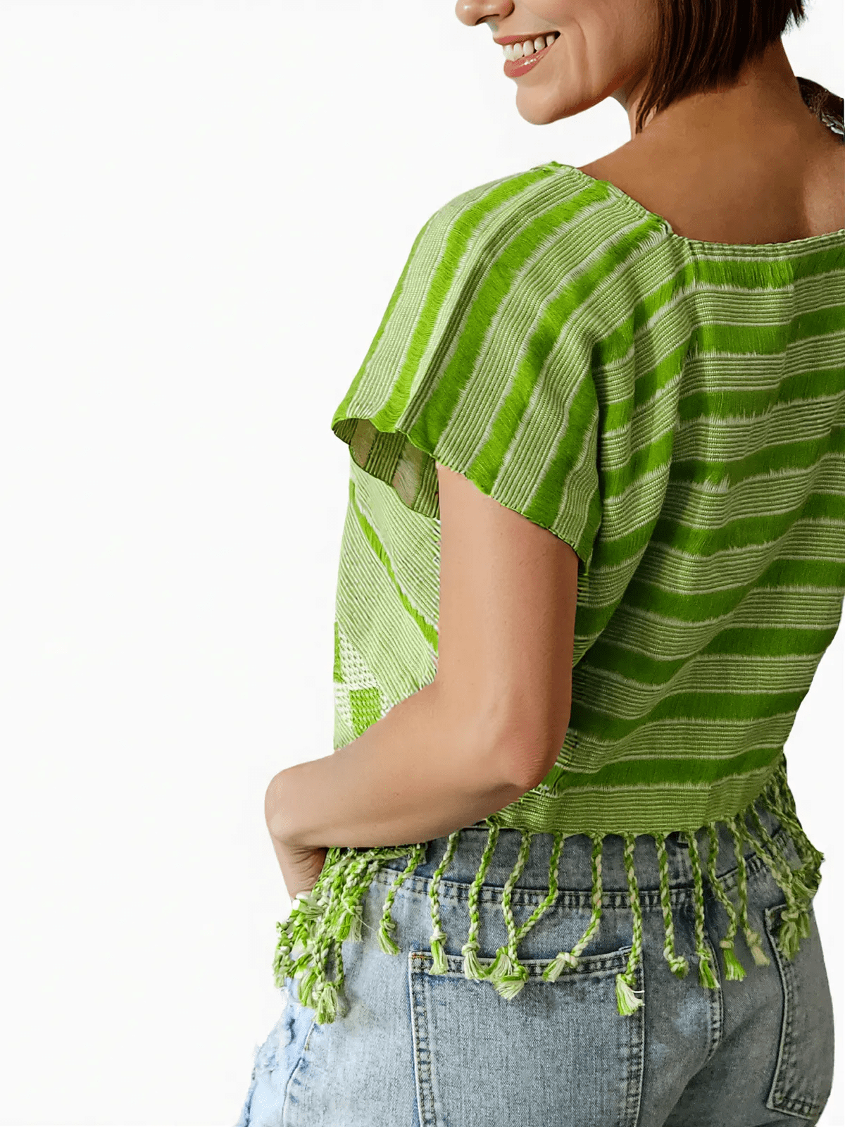 Authentic Handwoven Backstrap Loom Top with Brocade β Artisan - Made Blouse Lime Green Lines - Tenku Designs