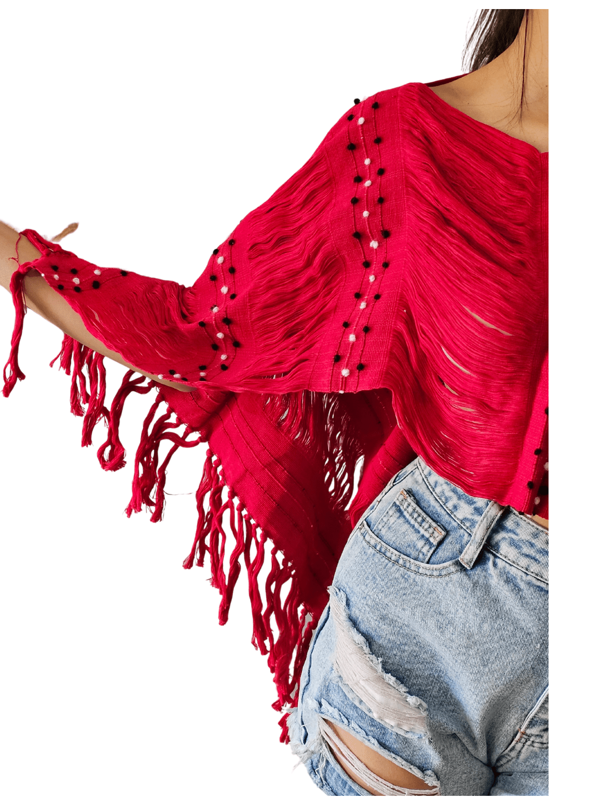 Authentic Handwoven Backstrap Loom Top with Brocade β Artisan - Made Blouse Long Red - Tenku Designs