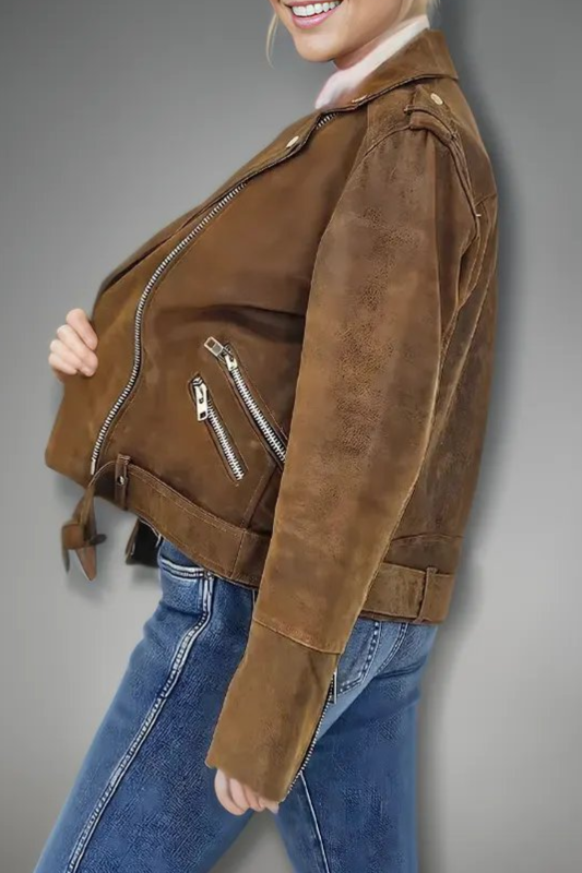 Handcrafted Women's Sheepskin Leather Biker Jacket – Premium Biker Style Crackled Brown