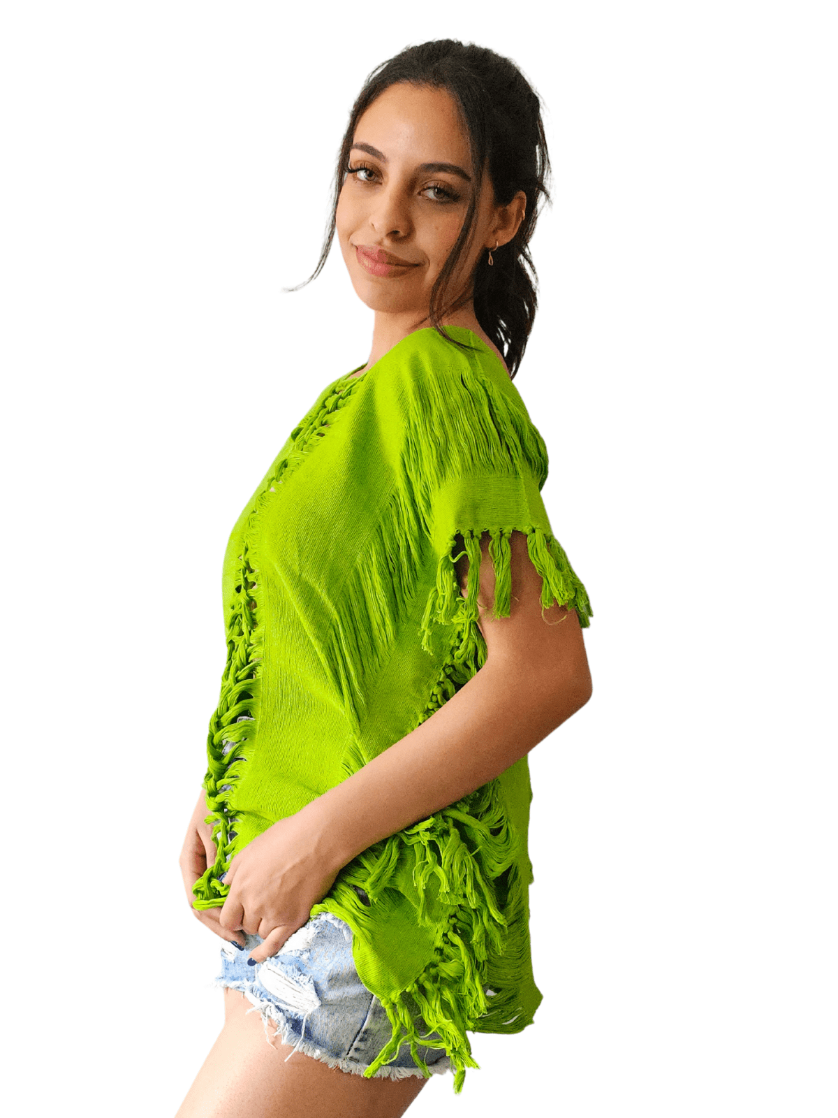 Handwoven Frayed Edge Cotton Top – Artisan Backstrap Loom Blouse | Chic Style Lime Green - Tenku Designs