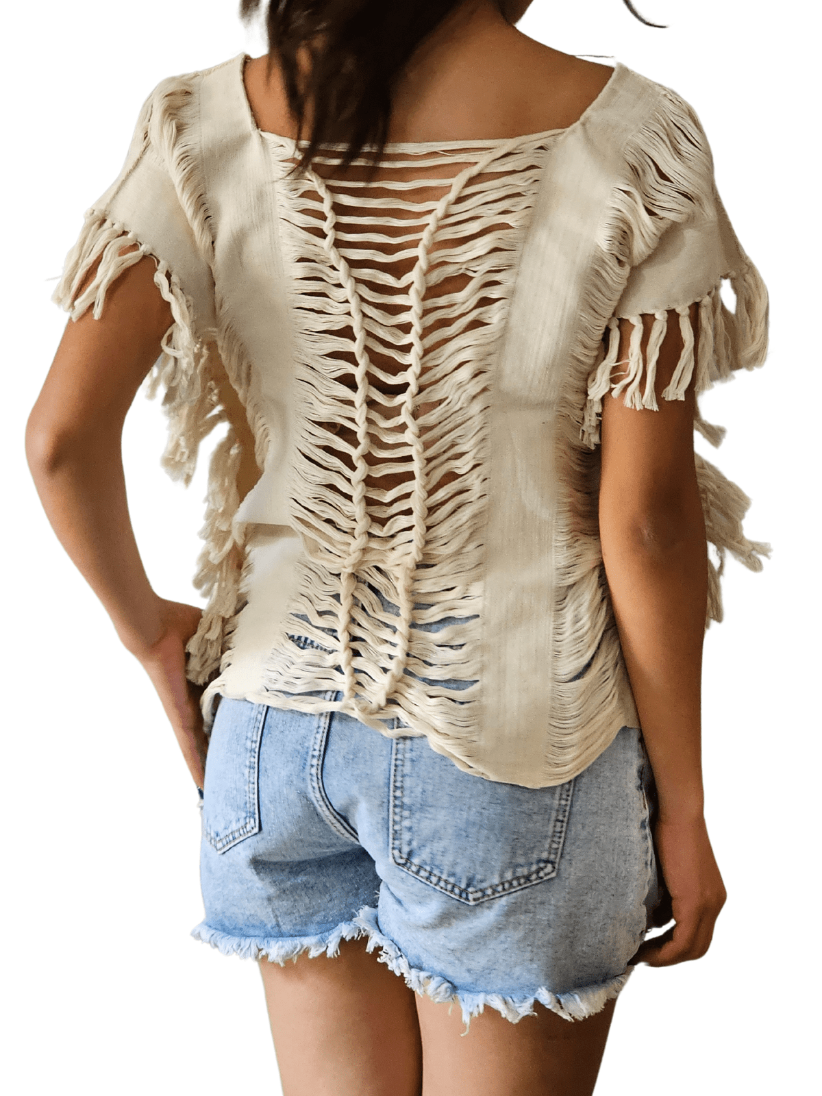 Handwoven Frayed Edge Cotton Top – Artisan Backstrap Loom Blouse | Chic Style Raw Off - White - Tenku Designs