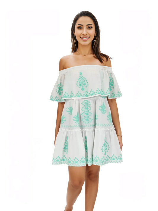 100% Cotton White Embroidered Dress LIME * - Tenku Designs