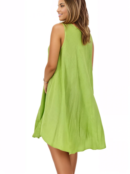 Antiqued Lime Green Boho Short Sleeve Flowy Dress – Loose Fit Tenku Designs