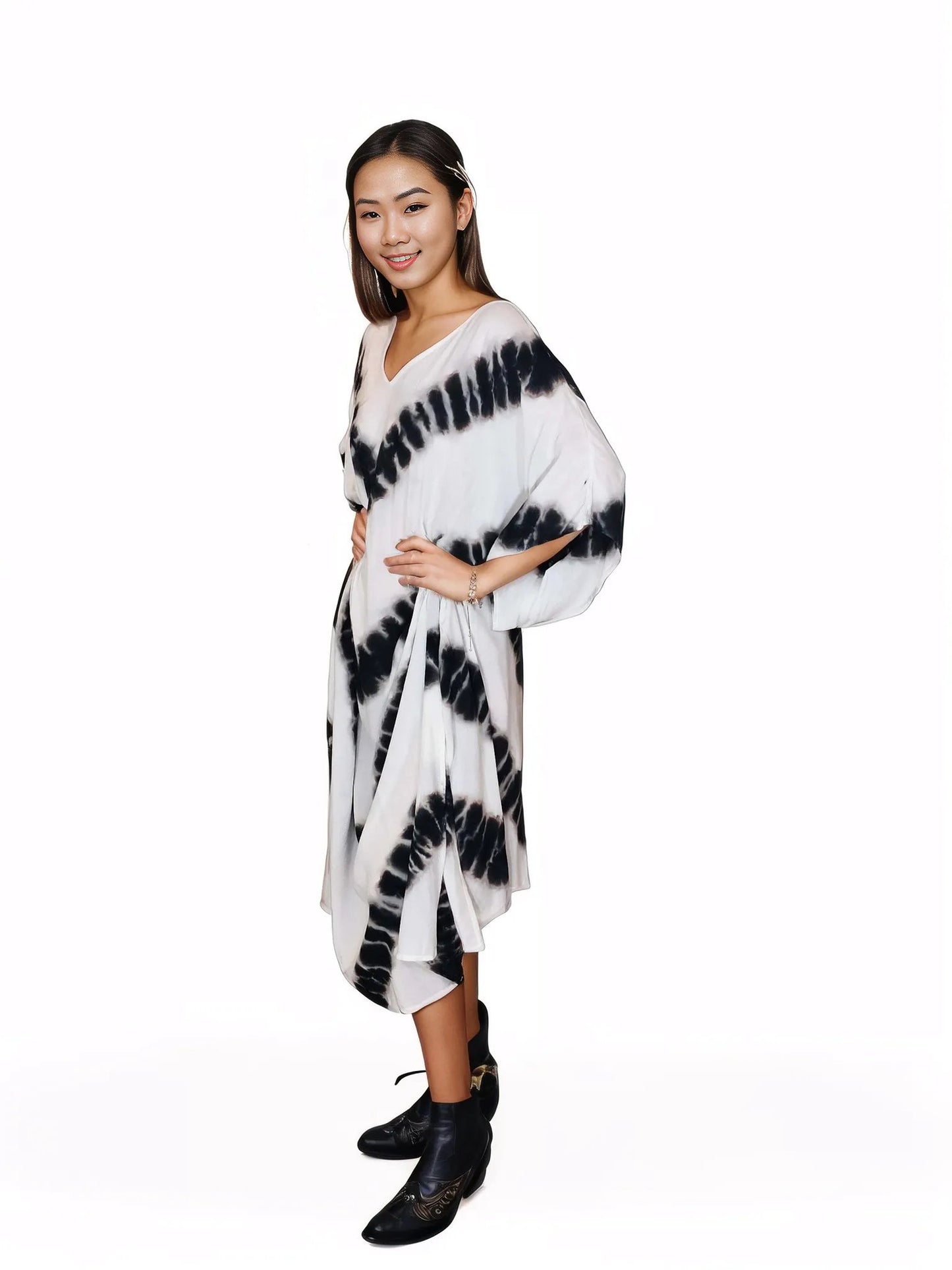 Boho Raw Stripes Black and White Dress