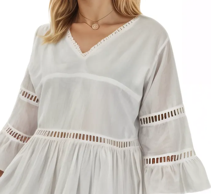 Lace detail V neck Dress 100% Cotton White