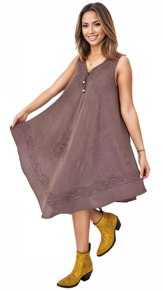 Antiqued Brown Boho Flowy Dress – Loose Fit Tenku Designs - Tenku Designs