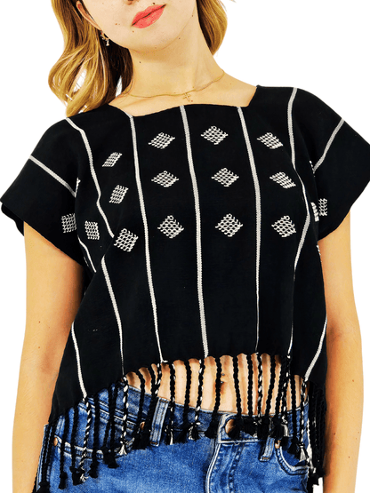 Authentic Handwoven Backstrap Loom Top with Brocade – Artisan - Made Blouse Black - Tenku Designs