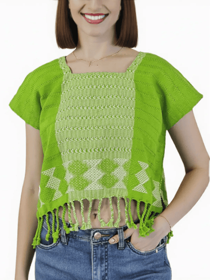 Authentic Handwoven Backstrap Loom Top with Brocade – Artisan - Made Blouse Lime Green - Tenku Designs