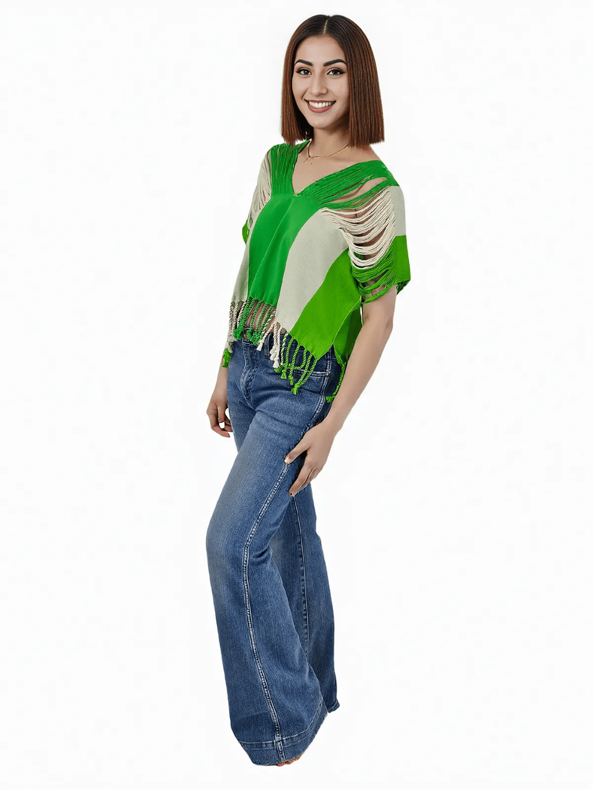 Authentic Handwoven Backstrap Loom Top with Brocade – Artisan - Made Blouse Lime Green Stripes - Tenku Designs