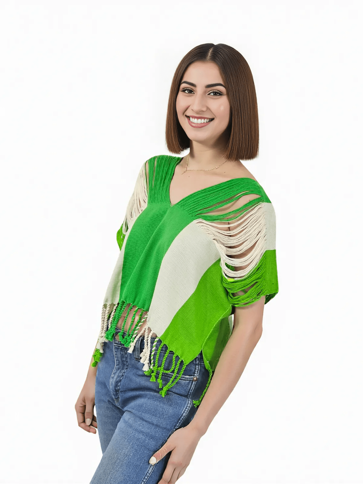 Authentic Handwoven Backstrap Loom Top with Brocade – Artisan - Made Blouse Lime Green Stripes - Tenku Designs