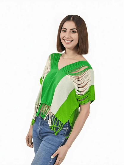 Authentic Handwoven Backstrap Loom Top with Brocade – Artisan - Made Blouse Lime Green Stripes - Tenku Designs