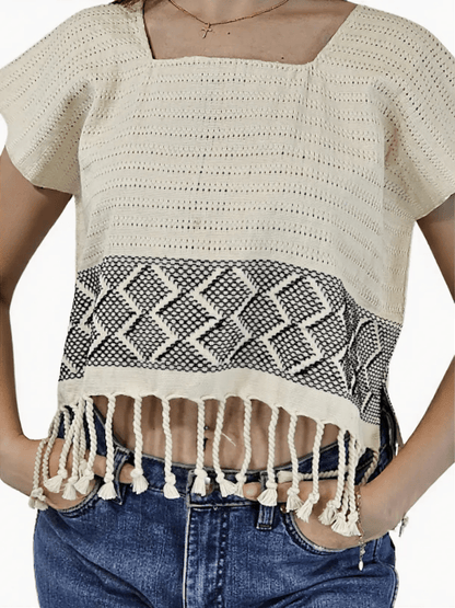 Authentic Handwoven Backstrap Loom Top with Brocade – Artisan - Made Blouse Off White - Tenku Designs