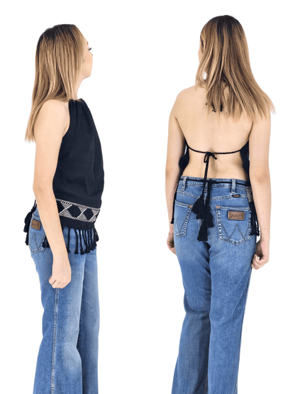 Backstrap Loom Backless Halter Top – Handwoven with Raw Natural Thread | Sustainable Fashion Black - Tenku Designs
