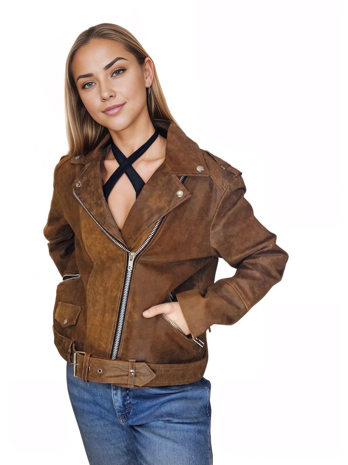 Biker Leather Jacket Crackled Brown * - Tenku Designs