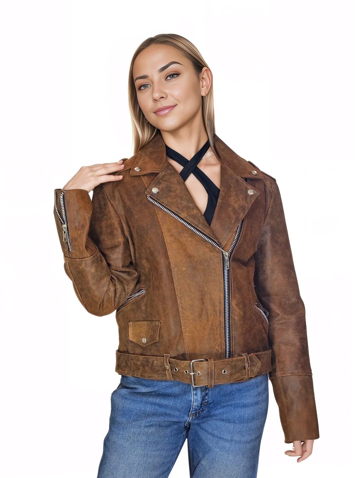 Biker Leather Jacket Crackled Brown * - Tenku Designs