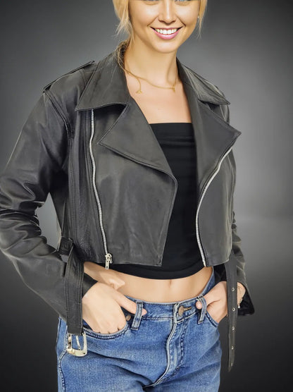 Biker Leather Jacket Cropped Patent Crocodile Embossed * - Tenku Designs