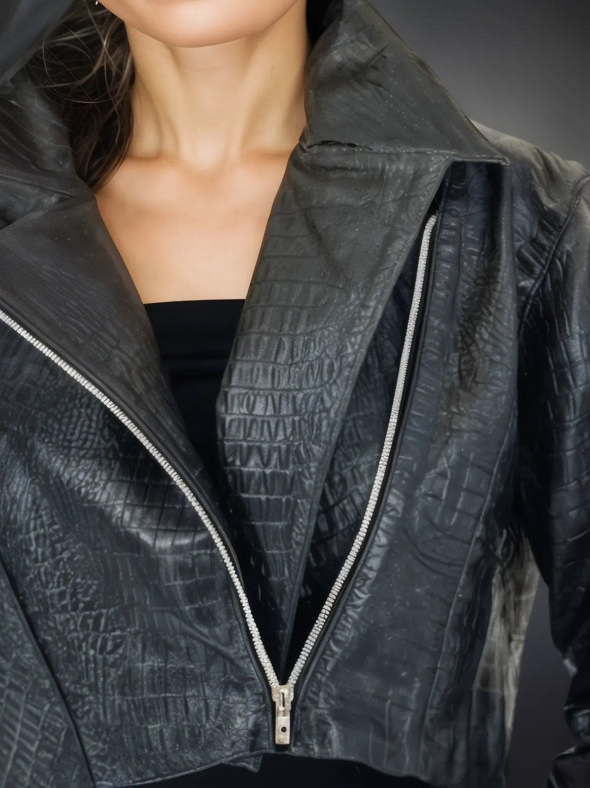 Biker Leather Jacket Cropped Patent Crocodile Embossed * - Tenku Designs