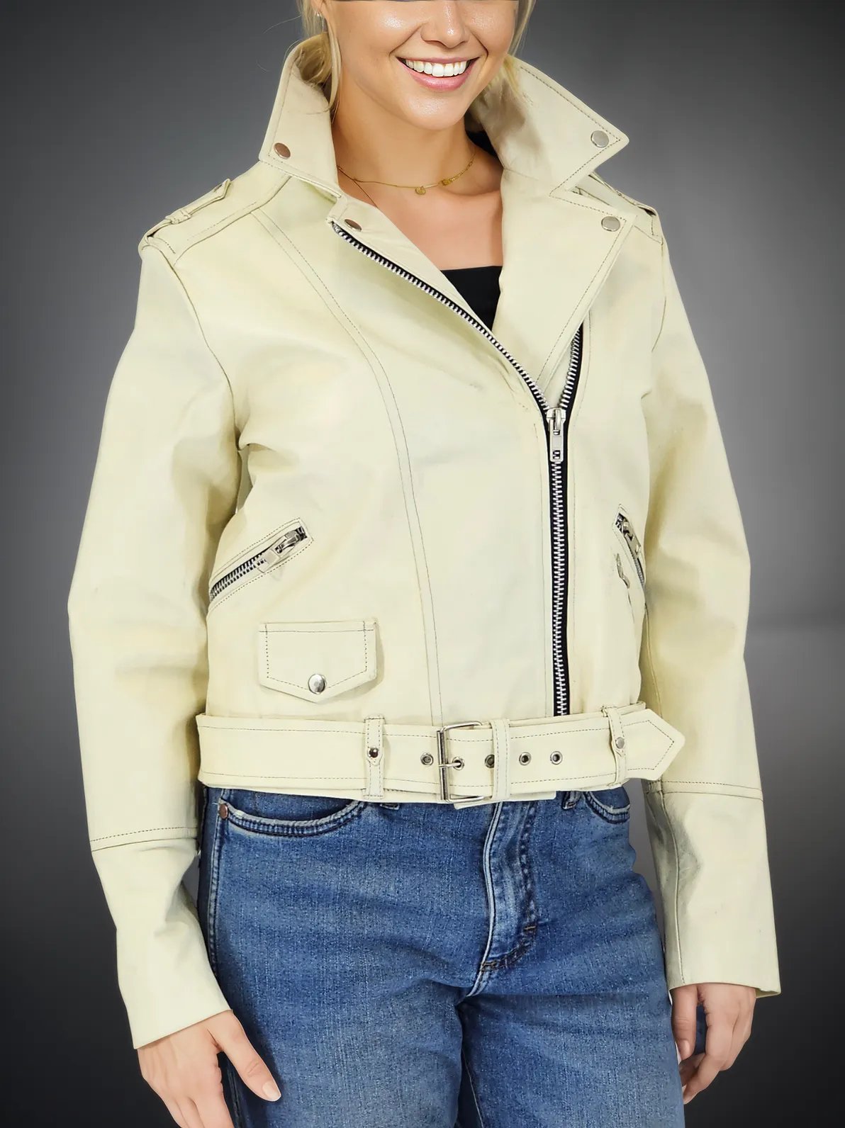 Biker Leather Jacket Off - White - Tenku Designs