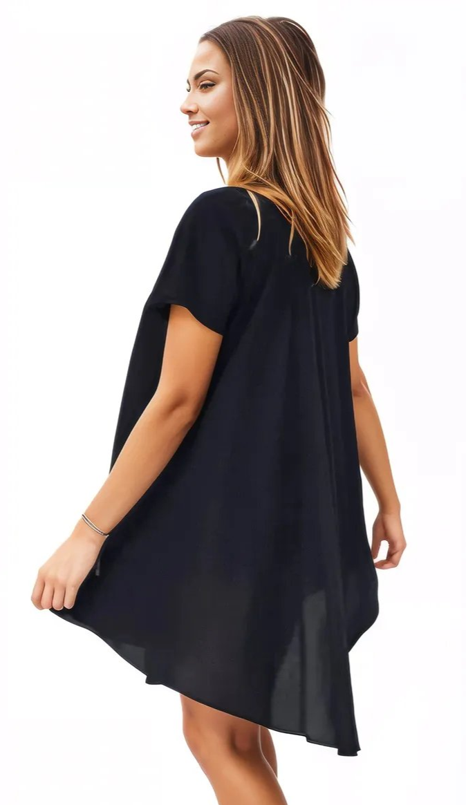 Black Boho Flowy Cotton Dress – Embroidered Short Sleeve | Tenku Designs