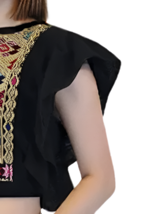 Black Ruffled Sleeve with Mexican Embroidered Chest & Adjustable Bow – Elegant & Feminine