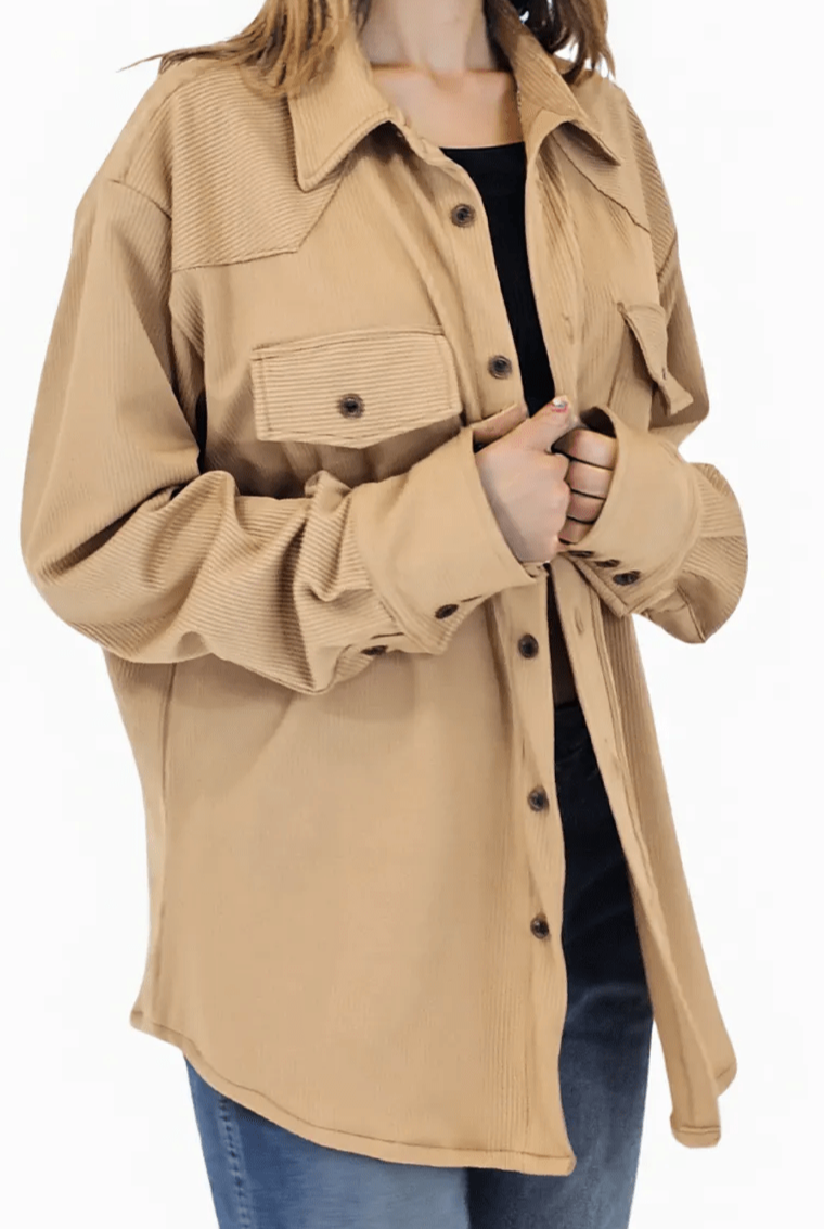 Buttery Soft Oversized Ribbed Shirt – Luxe Comfort with Country-Chic Style Khaki