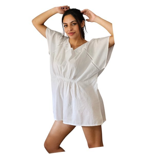 Chic 100% Cotton White Kaftan Dress - Tenku Designs