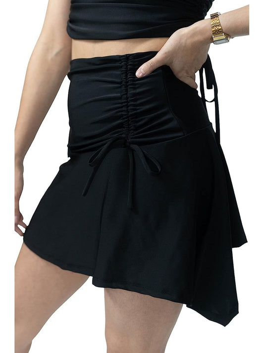 Draw String Asymmetrical Mini Skirt Black - Tenku Designs