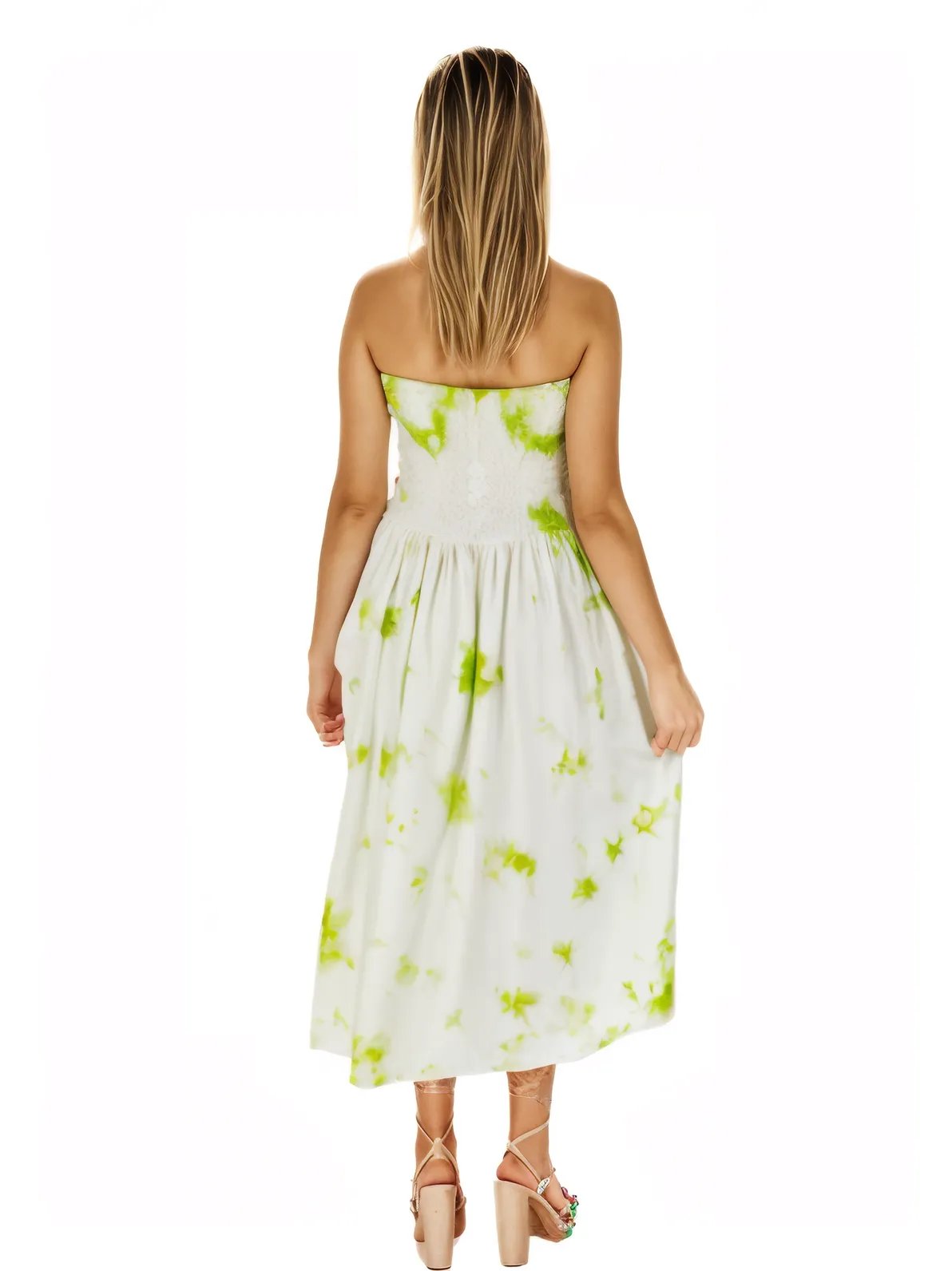 Elegant Strapless Dress with Gathered Bodice & Flowy Lime Green - Tenku Designs