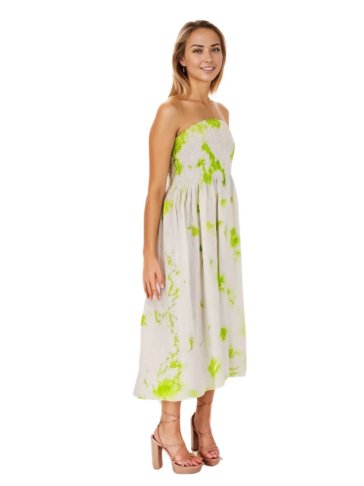Elegant Strapless Dress with Gathered Bodice & Flowy Lime Green - Tenku Designs
