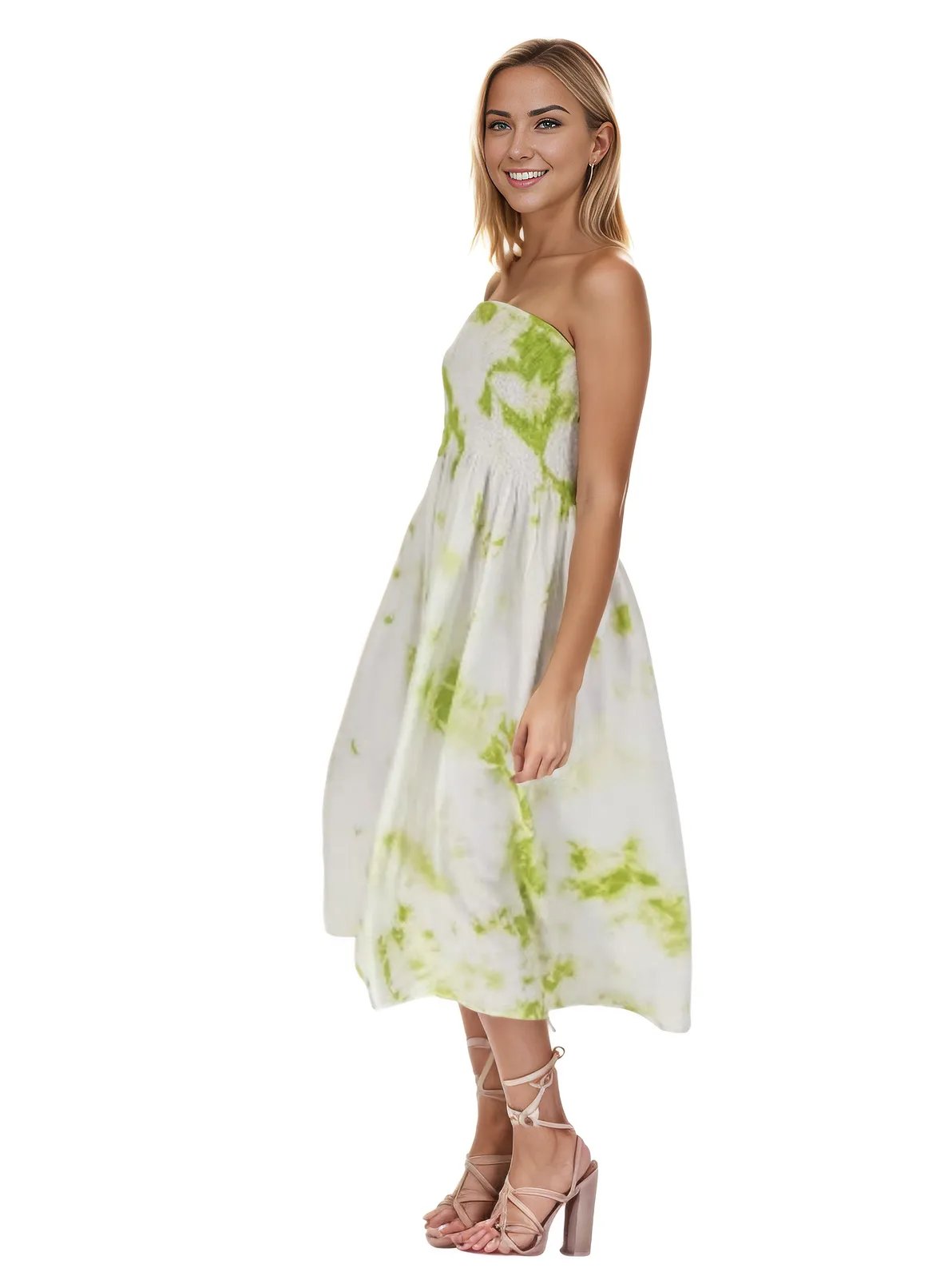 Elegant Strapless Dress with Gathered Bodice & Flowy Lime Green - Tenku Designs