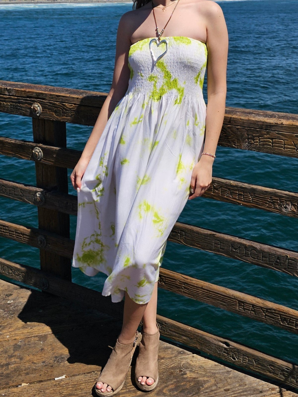 Elegant Strapless Dress with Gathered Bodice & Flowy Lime Green - Tenku Designs