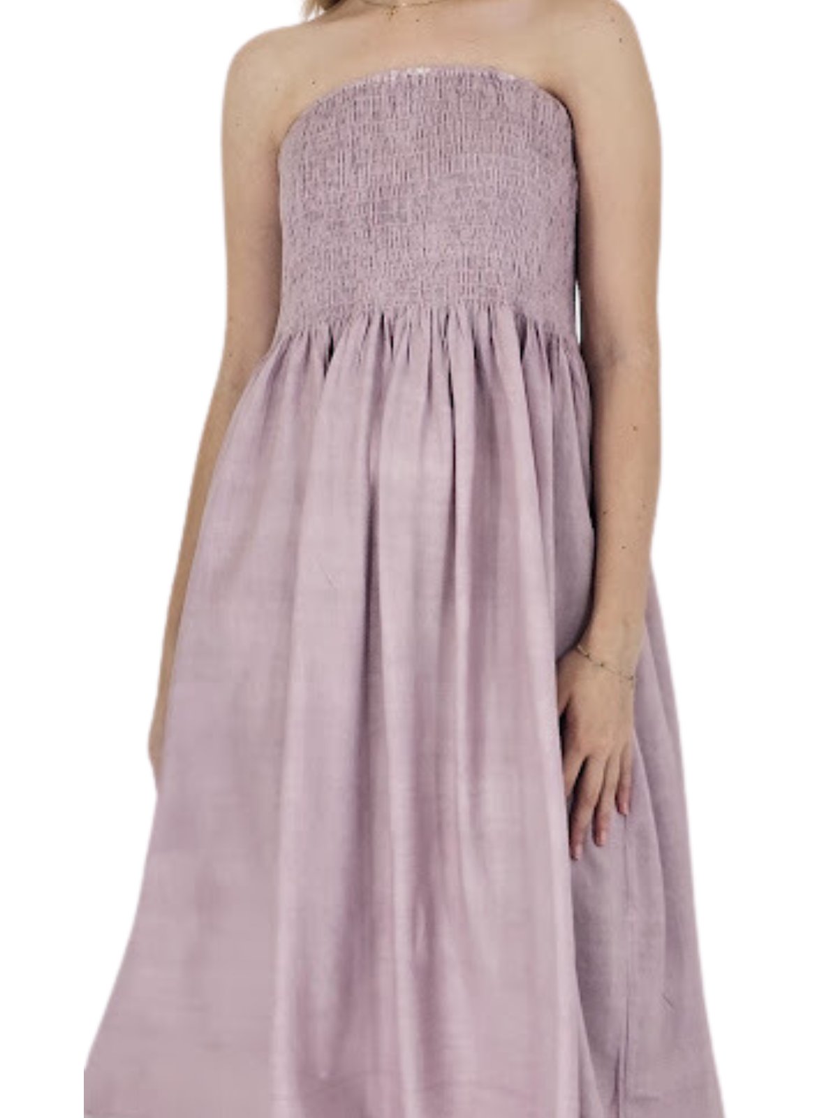 Elegant Strapless Dress with Gathered Bodice & Flowy Mauve - Tenku Designs