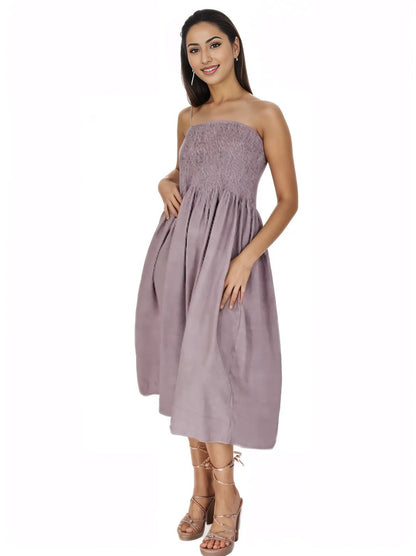 Elegant Strapless Dress with Gathered Bodice & Flowy Mauve - Tenku Designs