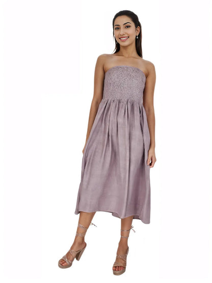 Elegant Strapless Dress with Gathered Bodice & Flowy Mauve - Tenku Designs
