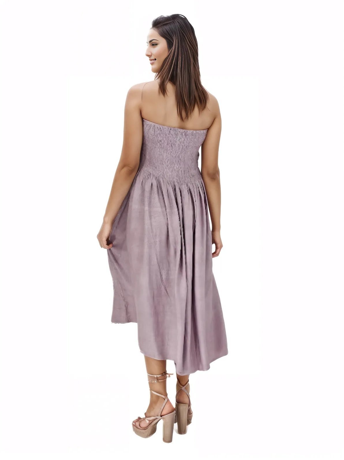 Elegant Strapless Dress with Gathered Bodice & Flowy Mauve - Tenku Designs