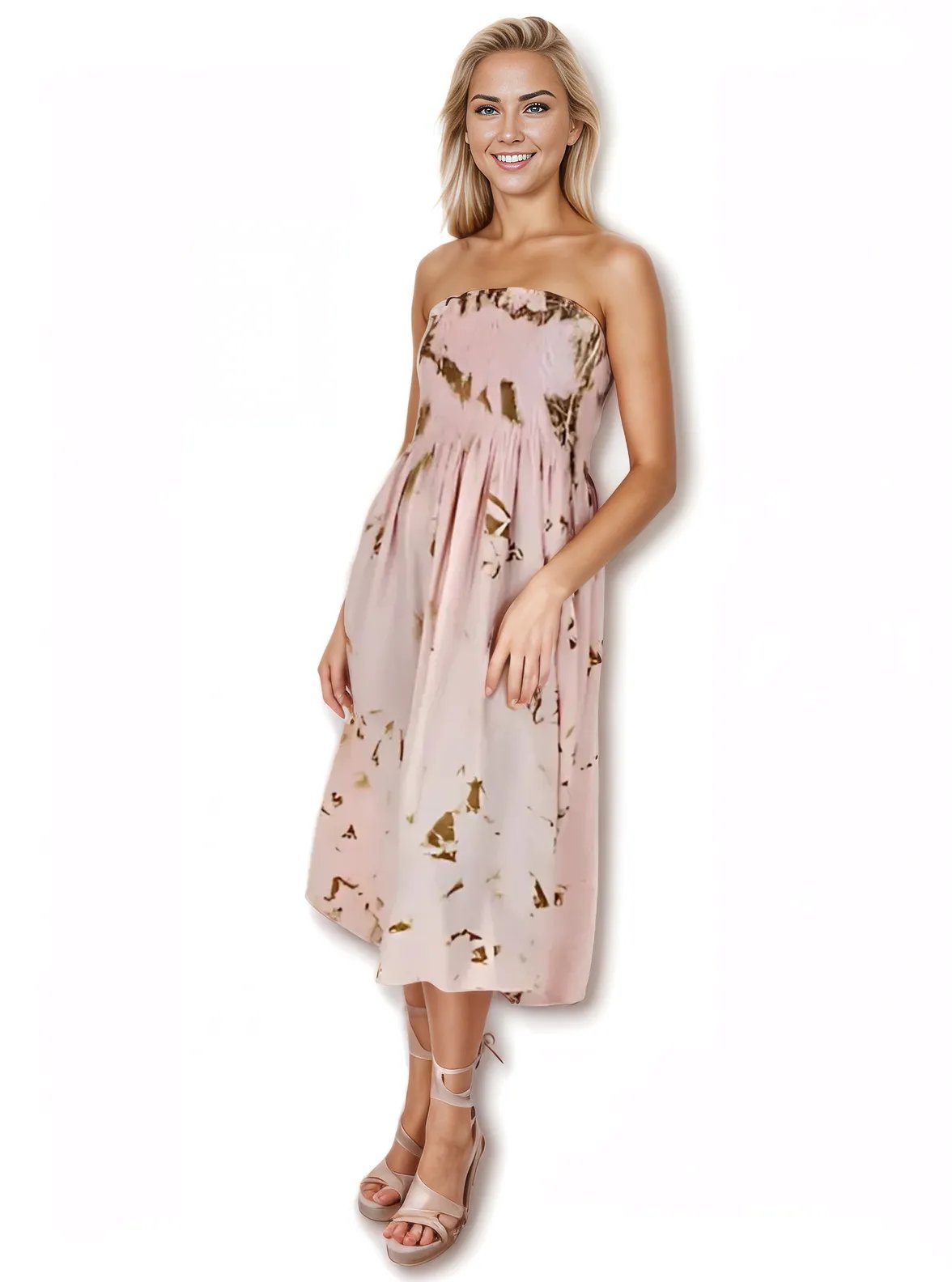Elegant Strapless Dress with Gathered Bodice & Flowy Pink - Tenku Designs