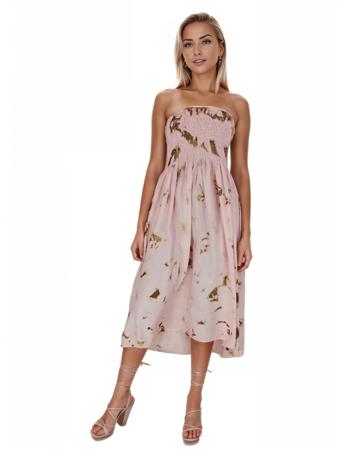 Elegant Strapless Dress with Gathered Bodice & Flowy Pink - Tenku Designs