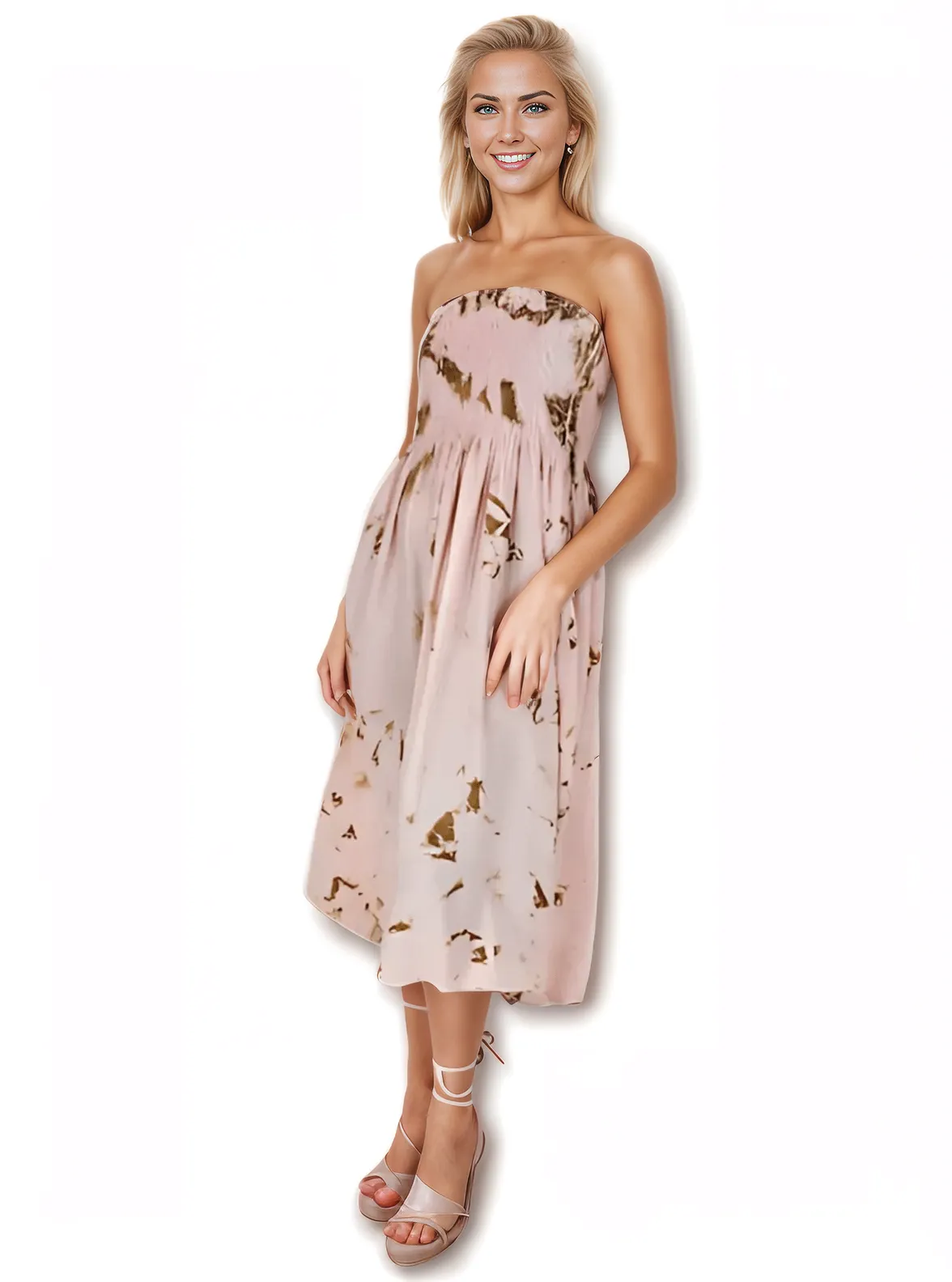 Elegant Strapless Dress with Gathered Bodice & Flowy Pink - Tenku Designs