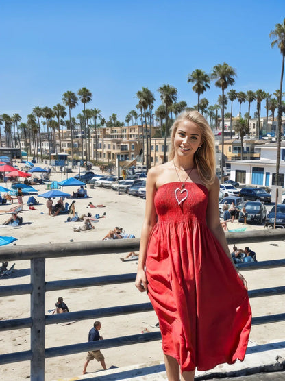 Elegant Strapless Dress with Gathered Bodice & Flowy Red - Tenku Designs