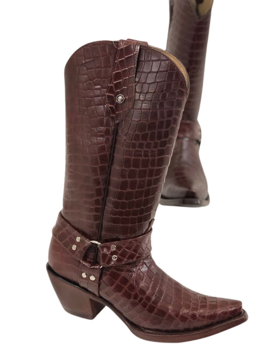 Embossed Crocodile Leather Boots Umber - Tenku Designs