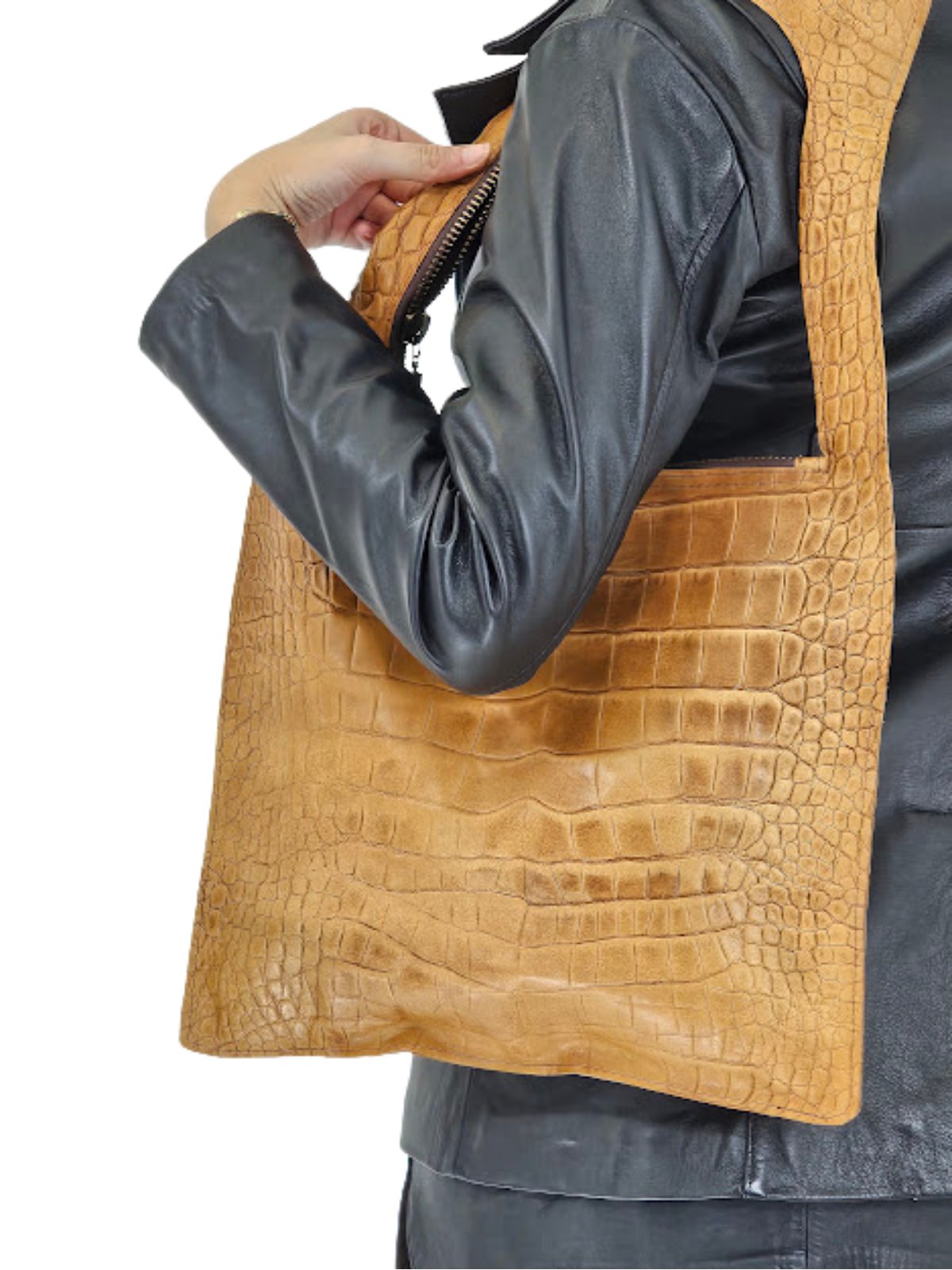 G Bag Crocodile Embossed Camel - Tenku Designs