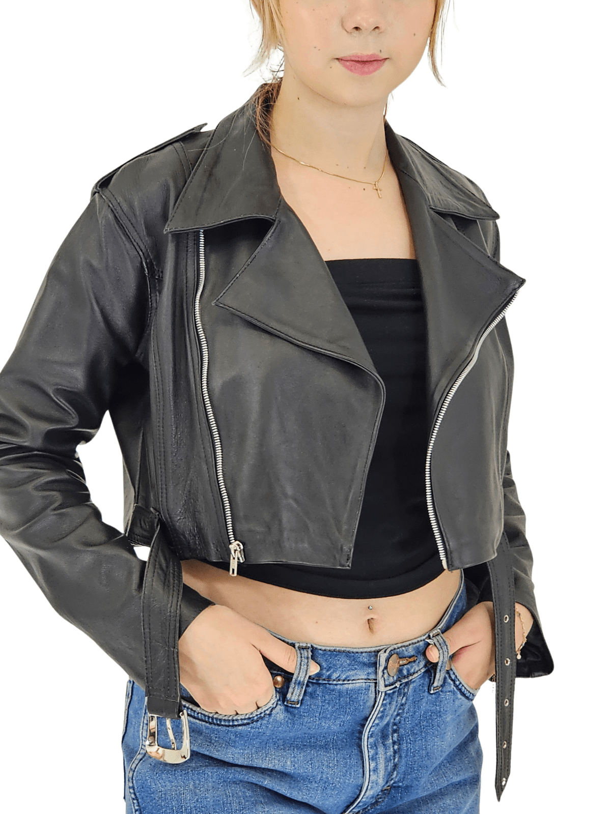 Handcrafted Women's Sheepskin Leather Biker Jacket – Cropped Black w/Belt - Tenku Designs