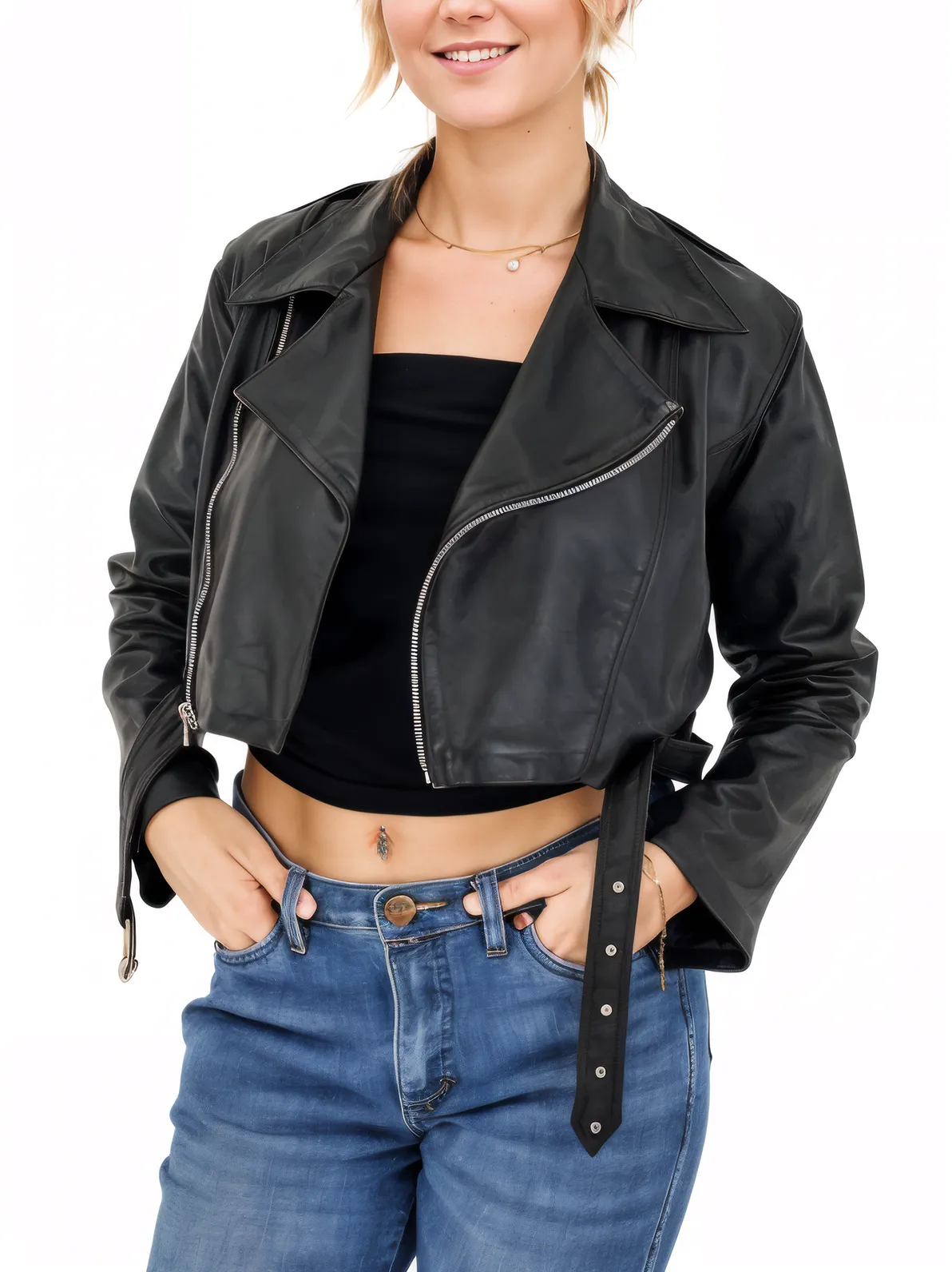 Handcrafted Women's Sheepskin Leather Biker Jacket – Cropped Black w/Belt - Tenku Designs