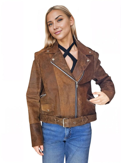 Handcrafted Women's Sheepskin Leather Biker Jacket – Premium Biker Style Crackled Brown - Tenku Designs