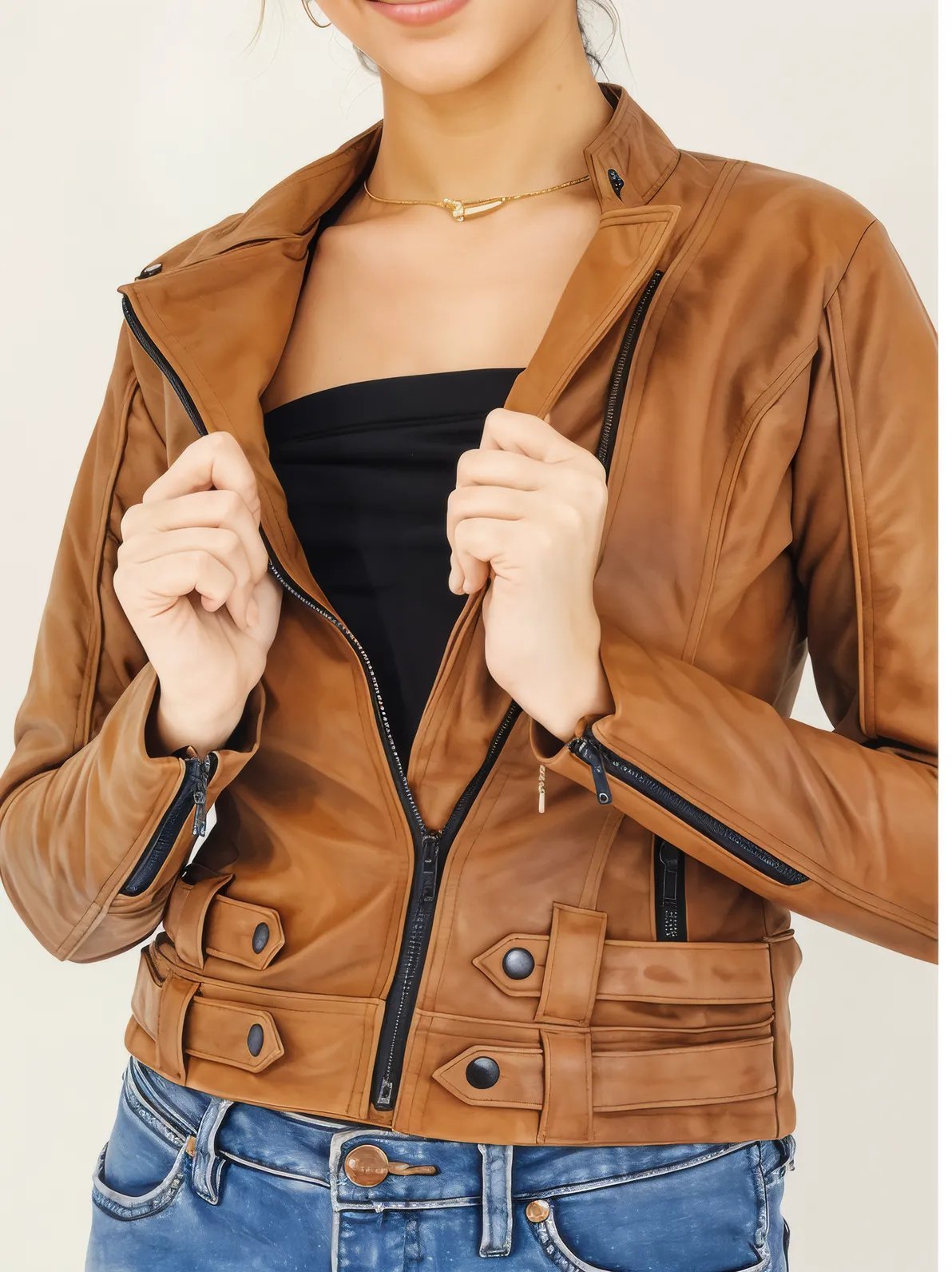 Handcrafted Women's Sheepskin Leather Biker Jacket – Premium Biker Style Honey - Tenku Designs