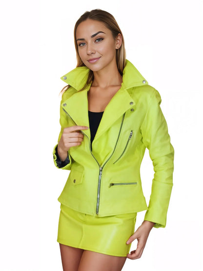 Handcrafted Women's Sheepskin Leather Biker Jacket – Premium Biker Style Lime Green - Tenku Designs