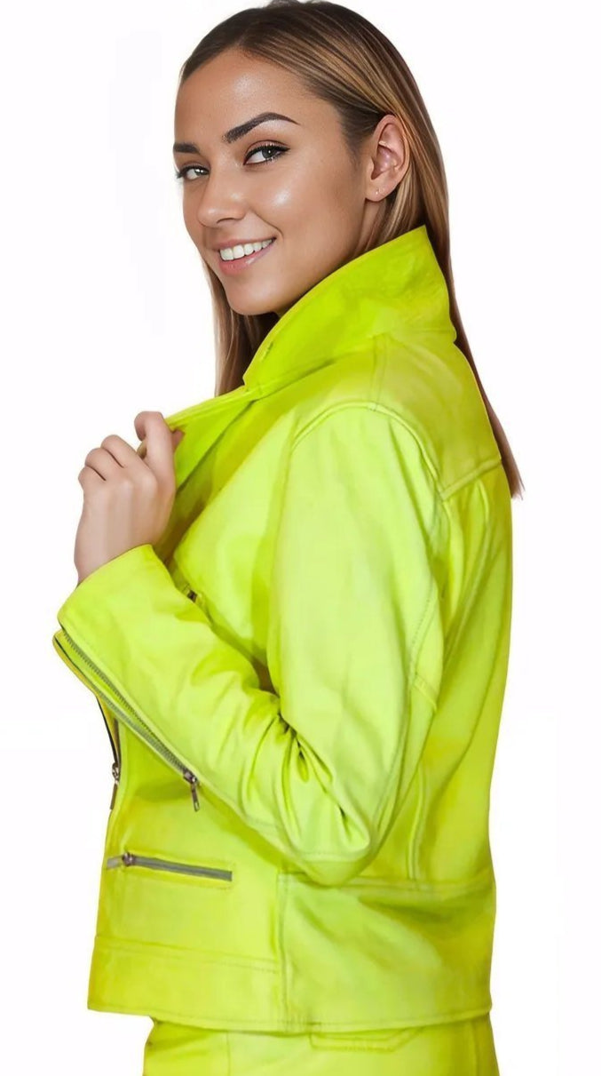 Handcrafted Women's Sheepskin Leather Biker Jacket – Premium Biker Style Lime Green - Tenku Designs