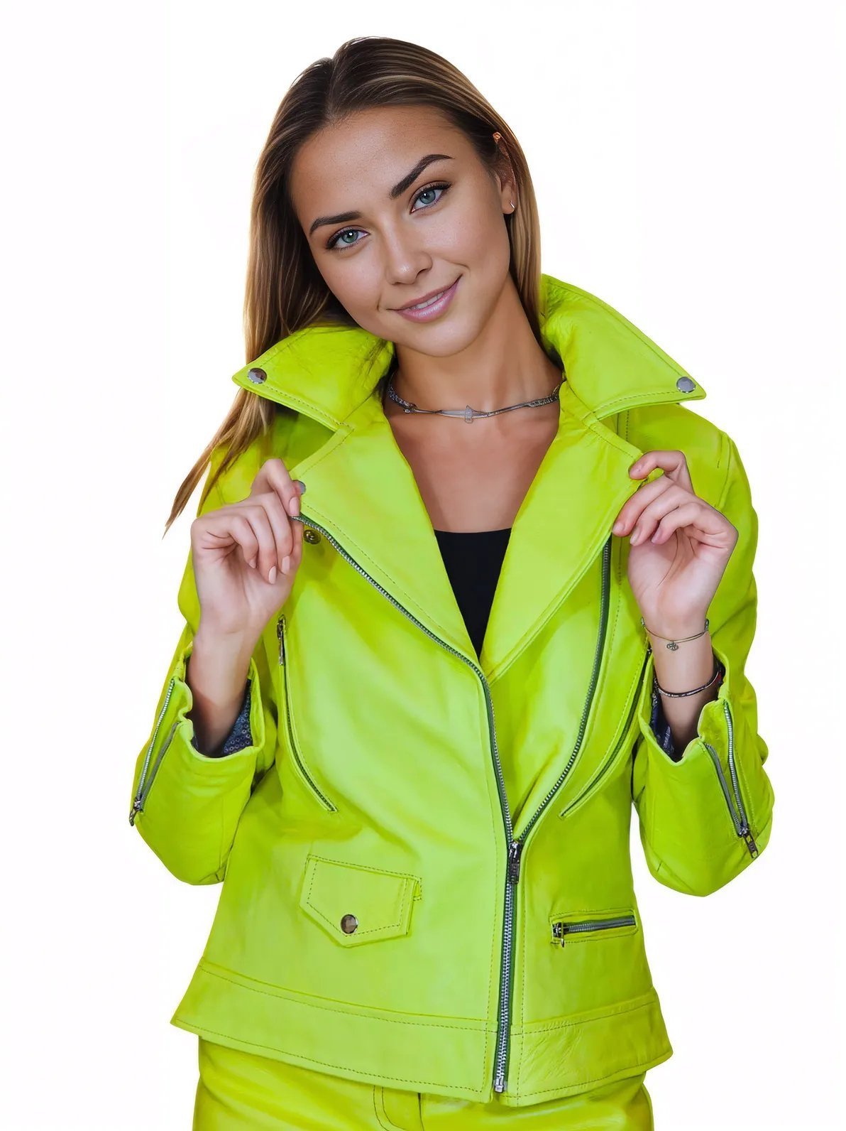 Handcrafted Women's Sheepskin Leather Biker Jacket – Premium Biker Style Lime Green - Tenku Designs